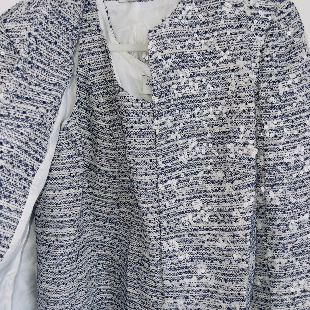 Lourdes Chavez Womens Sequined Tweed Jacket & Top Set Blue White USA 12/14